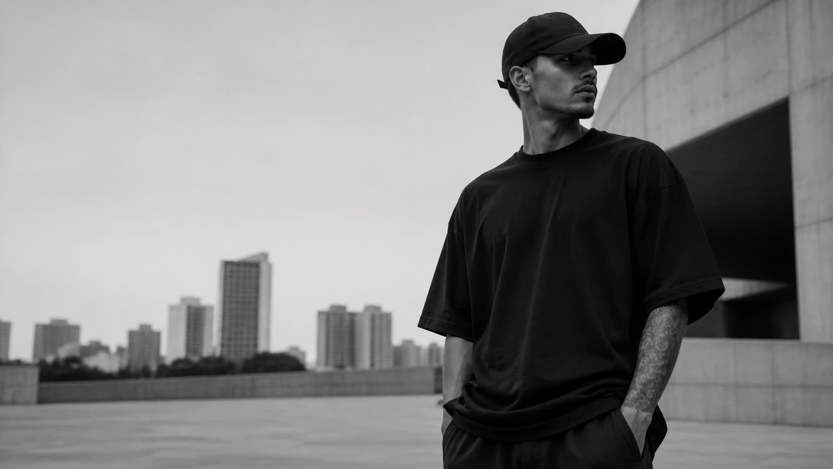 Model wearing a SLAYFITS tee in a street-style setting