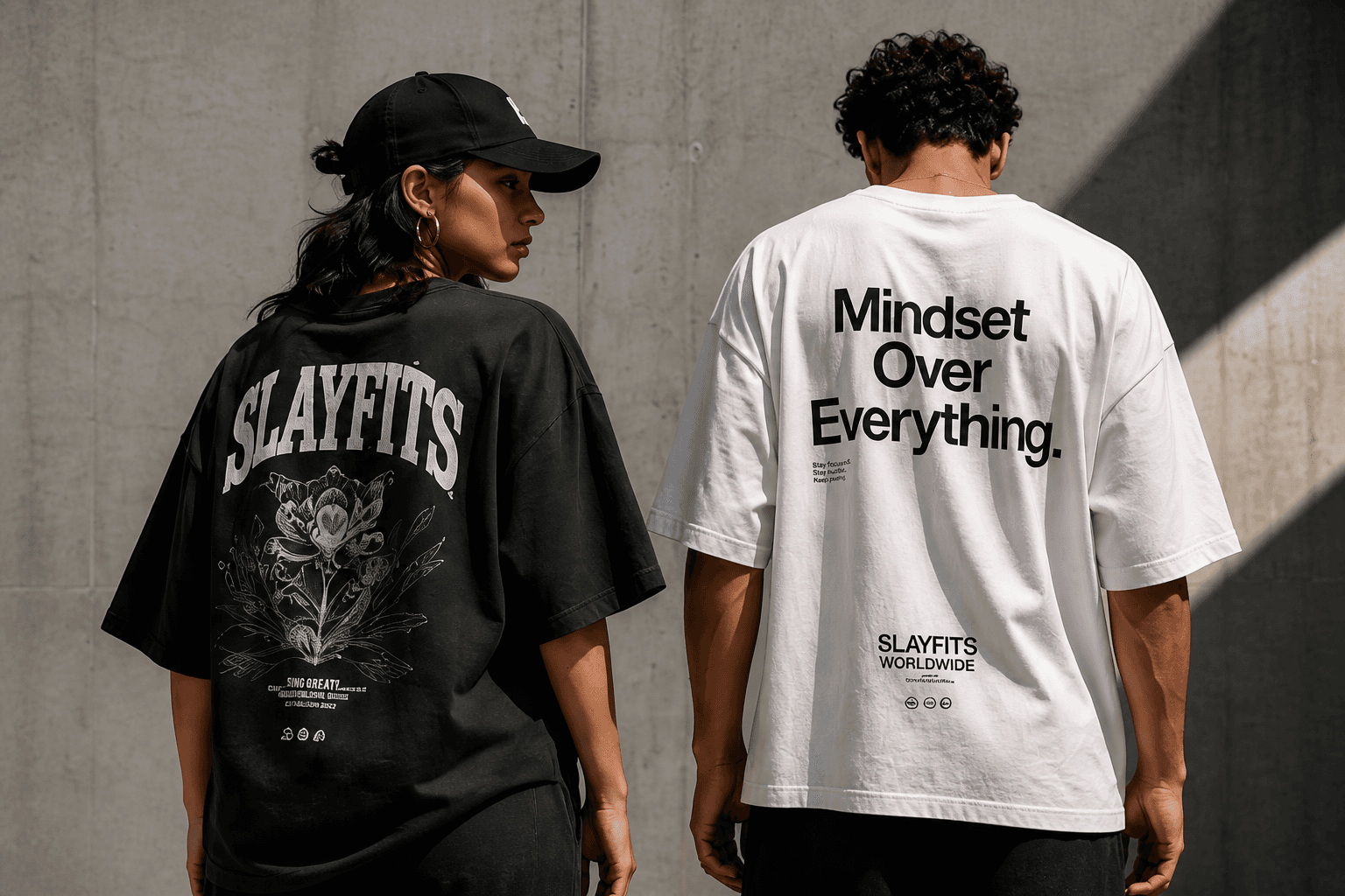 Two models wearing black and white SLAYFITS oversized tees